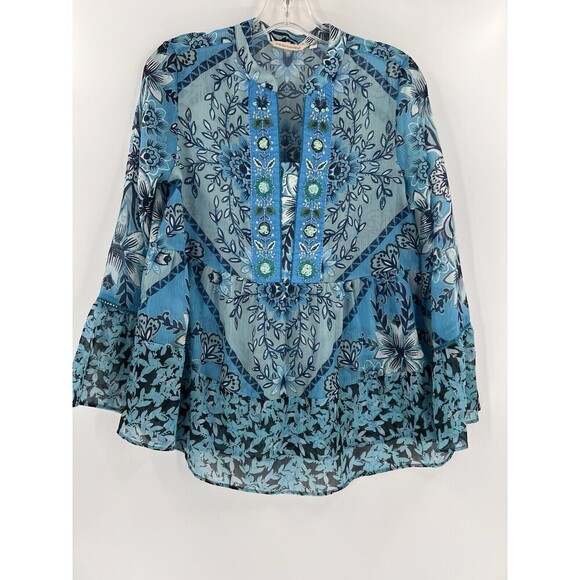 Soft Surroundings Oasis Tunic Embroidered Floral Blouse Blue Sheer XSMALL EUC - Picture 7 of 14